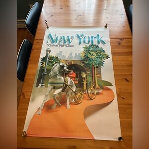 VINTAGE NEW YORK TRAVEL POSTER UNITED AIRLINES 1971 HORSE DRAWN CARRIAGE SKYLINE